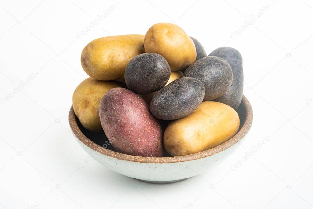 An assorted color raw and fresh potatoes artfully arranged on a bowl and set on white background.