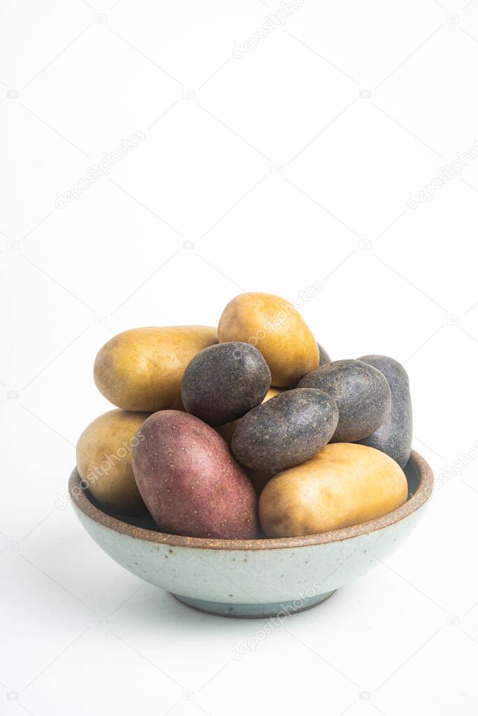 An assorted color raw and fresh potatoes artfully arranged on a bowl and set on white background.