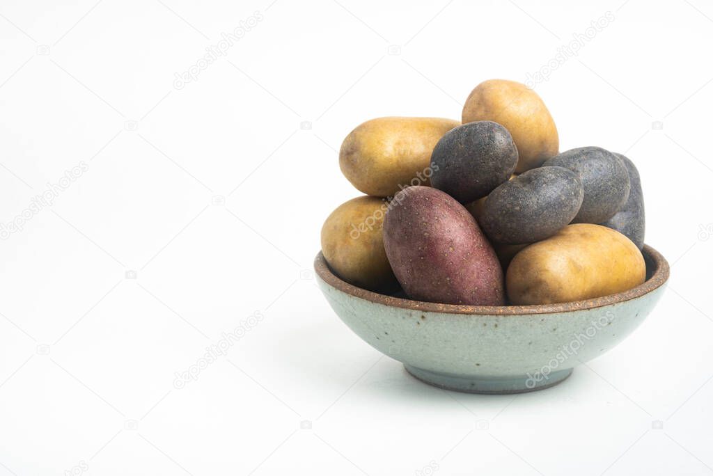 An assorted color raw and fresh potatoes artfully arranged on a bowl and set on white background.