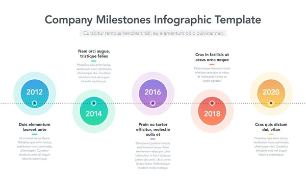 Moderne Infografik Für Meilensteine Des Unternehmens Zeitleiste Mit Bunten Kreisen — Stockvektor