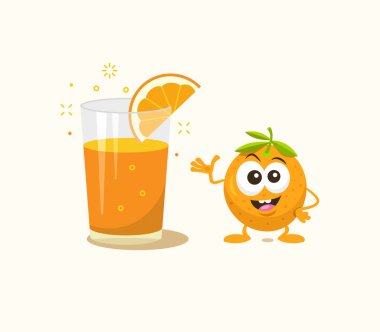 Komik portakal maskotu ile taze portakal suyu illüstrasyon. Tasarımınız veya tanıtımınız için düz tasarım stili.
