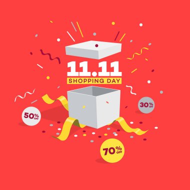 Açık hediye, indirim etiketleri ve konfeti ile özel teklif 11.11 Alışveriş günü indirim sembolü. Küresel alışveriş dünya günü satış promosyon için kullanımı kolay.
