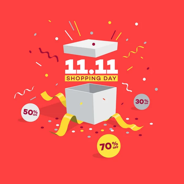 Açık hediye, indirim etiketleri ve konfeti ile özel teklif 11.11 Alışveriş günü indirim sembolü. Küresel alışveriş dünya günü satış promosyon için kullanımı kolay.