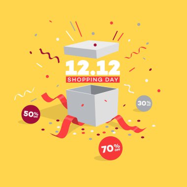 Açık hediye, indirim etiketleri ve konfeti ile özel teklif 12,12 Alışveriş günü indirim sembolü. Küresel alışveriş dünya günü satış promosyon için kullanımı kolay.