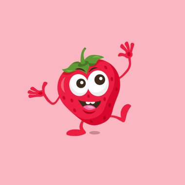 Hafif arka planda izole büyük bir gülümseme ile sevimli mutlu çilek maskotu İllüstrasyon. Maskot markanız için düz tasarım stili.