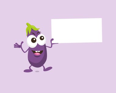 Patlıcan maskotu elinde etiket ile ilginç bir şey sunuyor ışık arka plan izole. Maskot markanız için düz tasarım stili.