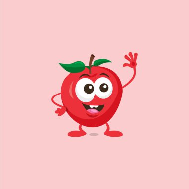 Sevimli mutlu kırmızı elma maskotu Illüstrasyon ışık arka plan izole büyük bir gülümseme ile birini selamlıyor. Maskot markanız için düz tasarım stili.