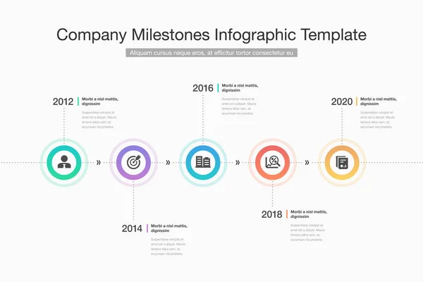 Moderne Infografik Für Meilensteine Des Unternehmens Mit Bunten Kreisen Glyphen — Stockvektor