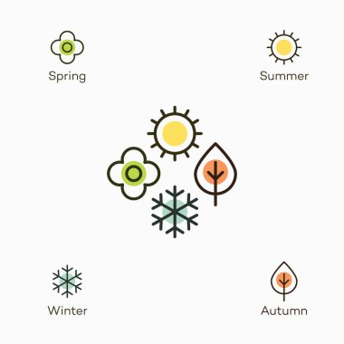 İlkbahar, yaz, sonbahar ve kış - 4 renkli simgeleri ile dört mevsim sembolü. Web siteniz veya sunumunuz için kullanımı kolay.