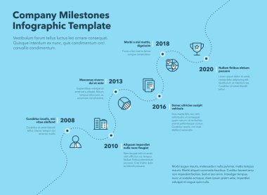 Şirket kilometre taşları zaman çizelgesi için iş bilgi grafiği, kesik çizgili yol ve beyaz vurgulu çizgi simgeleri ile şablon. Web siteniz veya sunumunuz için kullanımı kolay.