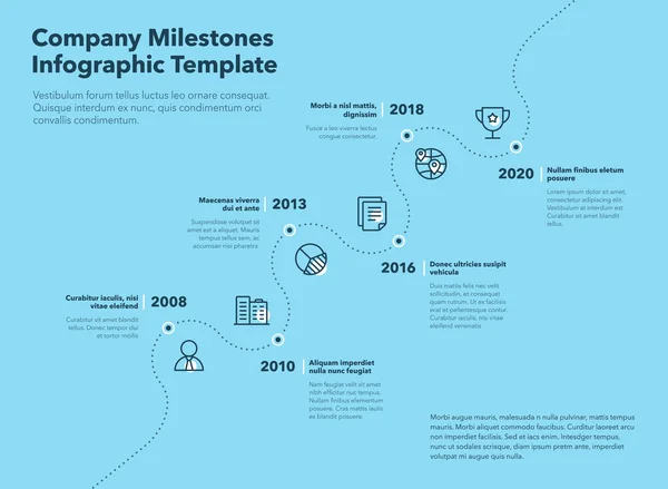 Obchodní Infografika Pro Šablonu Časové Osy Společnosti Čárkovanou Cestou Ikonami — Stockový vektor