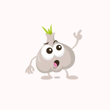Hafif arka planda izole maskot bakan sevimli sarımsak İllüstrasyon. Maskot markanız için düz tasarım stili.