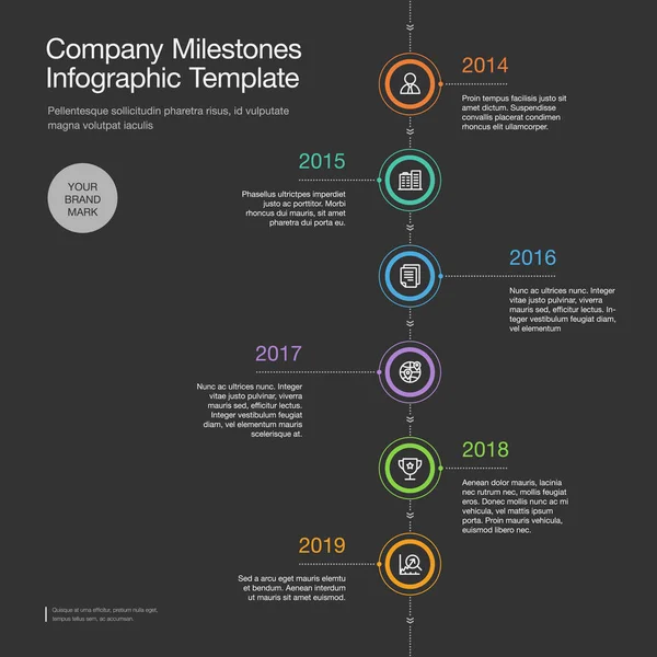 Infográfico Para Modelo Linha Tempo Marcos Empresa Com Círculos Coloridos — Vetor de Stock