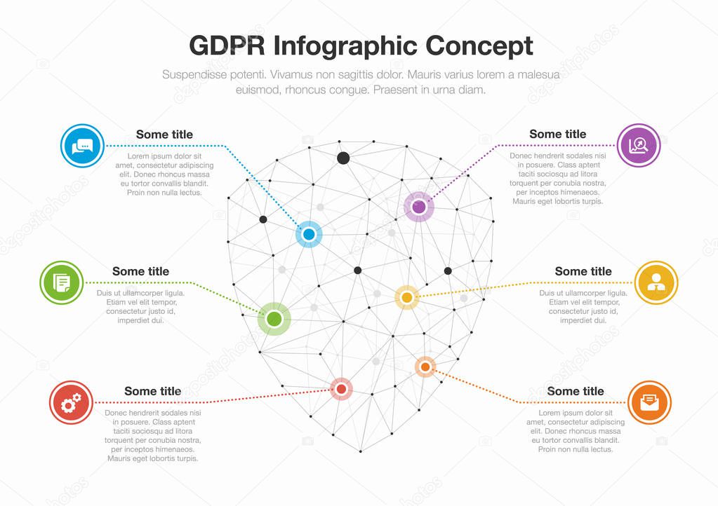 European GDPR infographic concept with shield symbol made from network polygons as main symbol with several colorful icons, isolated on light background. Easy to use for your website or presentation.