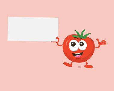 Elinde teklif etiketi ile mutlu domates maskotu İllüstrasyon. Düz tasarım stili ışık arka planda izole.