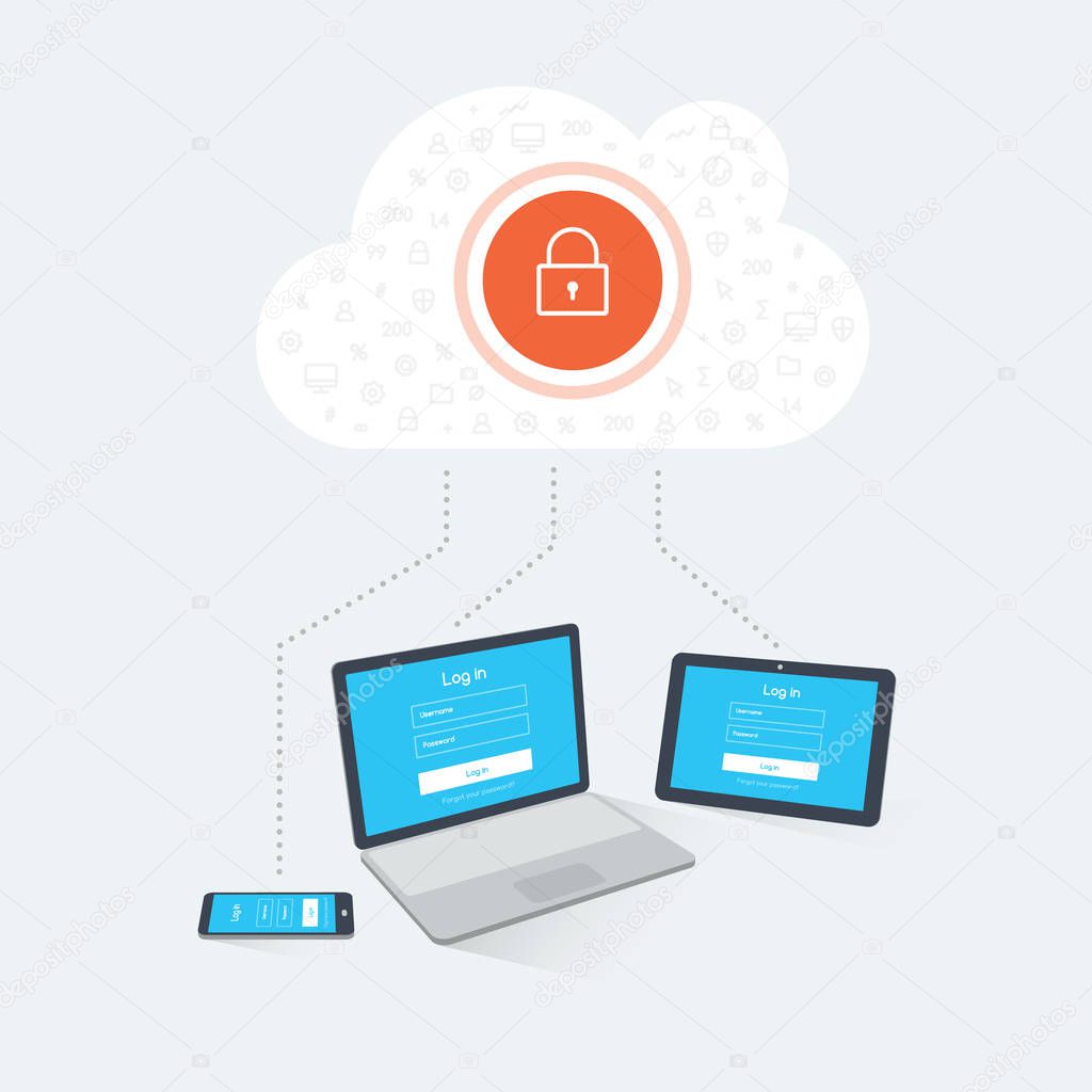 Devices login to a remote secure cloud server. Flat illustration of electronic devices with login screen and cloud symbol. Easy to use for your website or presentation.