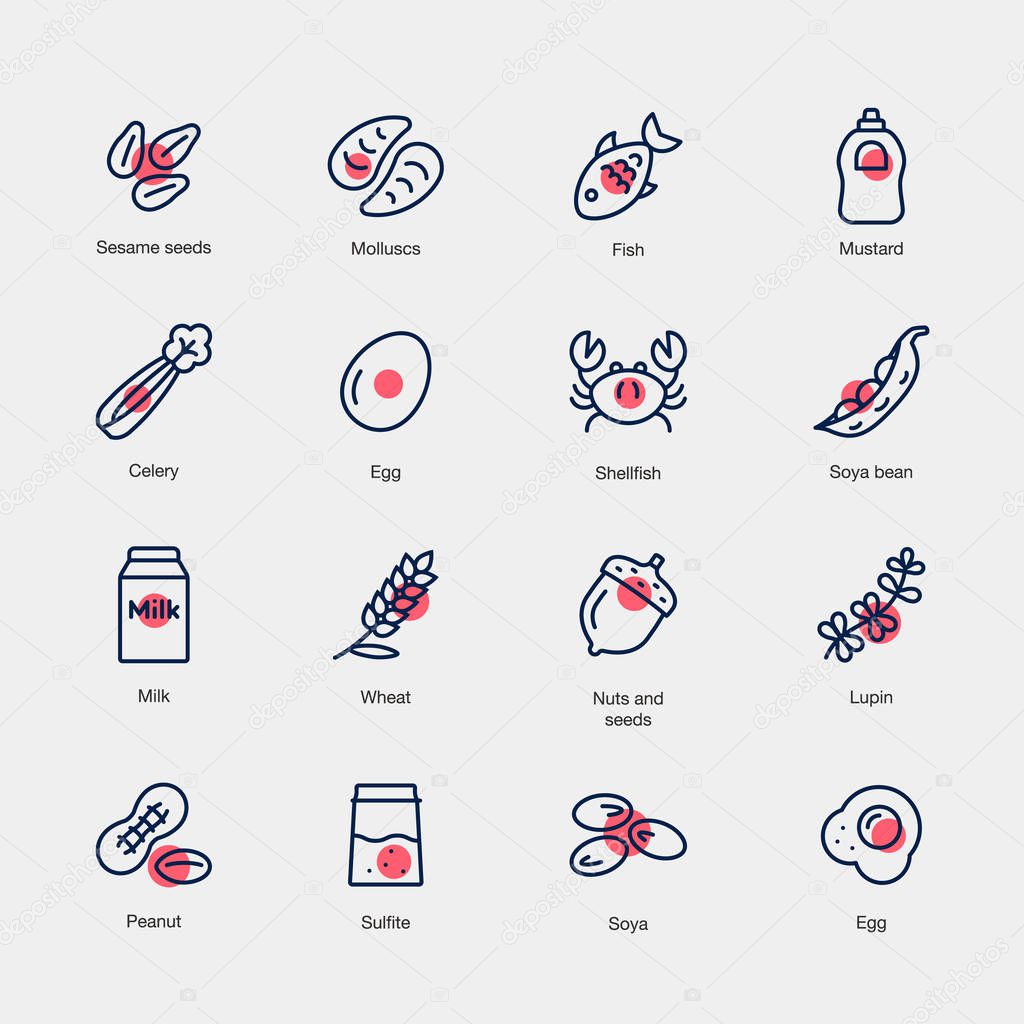 Set of allergens line icons with red accent isolated on light background. Contains such icons as fish, egg, nuts, milk, sesame and more.