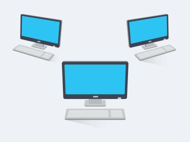 Boş ekranlar ve şeffaf gölgeler ile 3d düz masaüstü bilgisayar, ışık arka plan üzerinde izole. Web siteniz veya sunumunuz için kullanımı kolay.