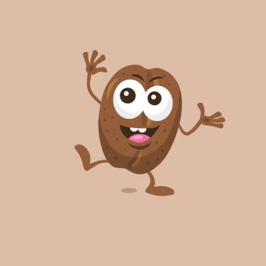 Hafif arka planda izole büyük bir gülümseme ile tek ayak üzerinde duran sevimli mutlu kahve çekirdeği maskotu İllüstrasyon. Maskot markanız için düz tasarım stili.