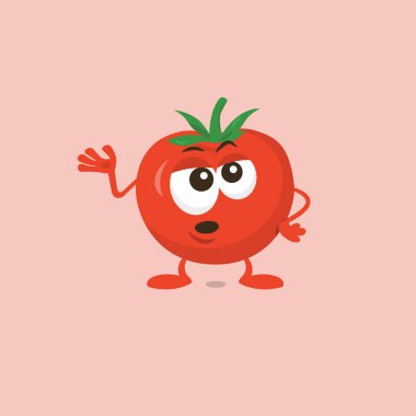 Sevimli sıkılmış domates maskotu İllüstrasyon ışık arka planda izole bir şey açıklar. Maskot markanız için düz tasarım stili.