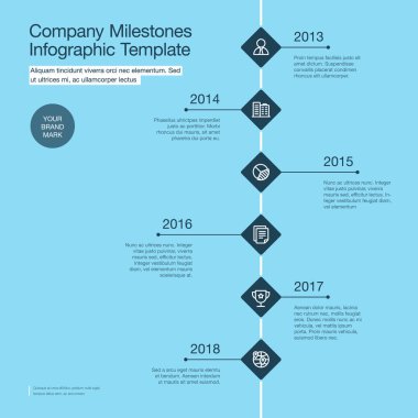 Mavi arka plan üzerinde izole koyu eşkenar dörtgen ile şirket kilometre zaman çizelgesi şablonu için vektör infografik. Web siteniz veya sunumunuz için kullanımı kolay.