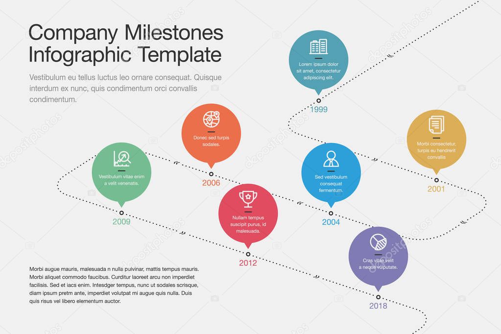 Simple visualization for company milestones timeline template with colorful circles and stroke icons on a curved road line. Easy to use for your website or presentation.