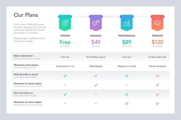 Modern Pricing Comparison Table Four Subscription Plans Place Description Flat — Stock Vector