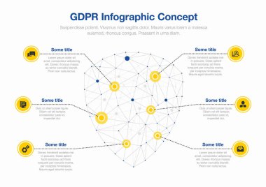Ana sembol olarak ağ çokgenlerinden yapılmış kalkan sembolü ile Avrupa Gdpr infografik kavramı, mavi arka plan üzerinde izole. Web siteniz veya sunumunuz için kullanımı kolay.