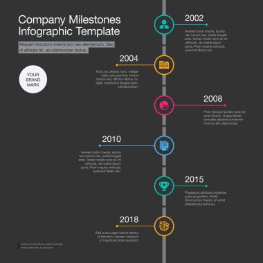Şirket kilometre taşları zaman çizelgesi şablonu için, koyu arka planda izole edilmiş renkli daireler içeren vektör bilgi grafiği. Web siteniz veya sunumunuz için kullanımı kolay.