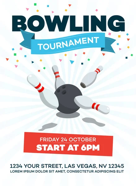 Şeffaf gölgeler ile ışık arka plan izole dağınık skittle ve bowling topu ile Vektör bowling turnuva posteri.