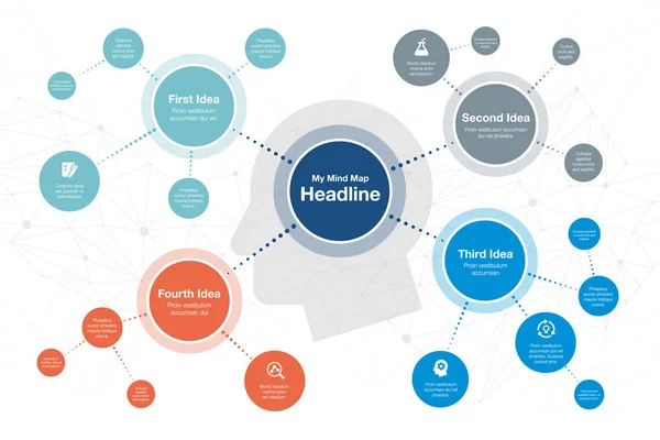 Renkli daireler ve çeşitli simgeler, ışık arka plan izole zihin haritası görselleştirme şablonu için vektör infografik. Web siteniz veya sunumunuz için kullanımı kolay.