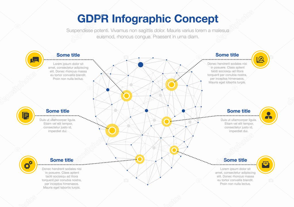 European GDPR infographic concept with shield symbol made from network polygons as main symbol, isolated on blue background. Easy to use for your website or presentation.