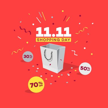 Alışveriş çantası, indirimli etiketler ve konfeti ile özel teklif 11.11 alışveriş günü indirim sembolü. Küresel alışveriş dünya günü satış promosyon için kullanımı kolay.