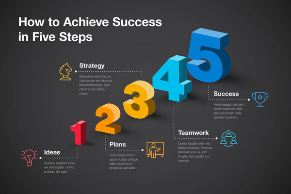 Простая векторная инфографика для достижения успеха в пять шагов с красочными трехмерными числами и иконками - темная версия. Простота в использовании для вашего сайта или презентации
.