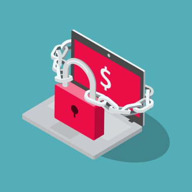 Ransomware vector symbol with laptop, red padlock and chain isolated on blue background. Flat design, easy to use for your website or presentation. clipart