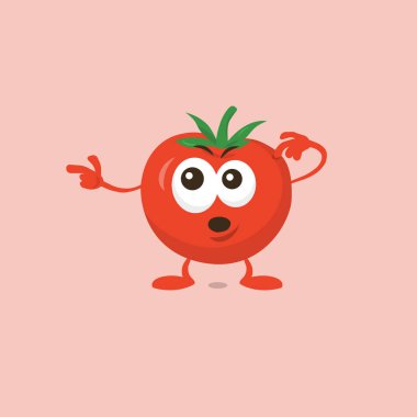 Hafif arka planda izole sol işaret sevimli sürpriz domates maskotu İllüstrasyon. Maskot markanız için düz tasarım stili.