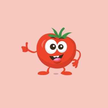 Sevimli mutlu domates maskotu İllüstrasyon ışık arka plan izole büyük bir gülümseme ile önerir. Maskot markanız için düz tasarım stili.