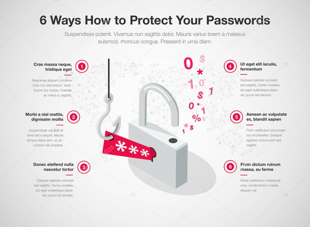 Simple Vector infographic for 6 ways how to protect your passwords template isolated on light background. Easy to use for your website or presentation.