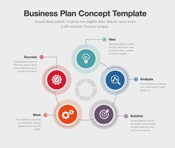 Vektor Infografik Businessplan Visualisierungsvorlage Mit Bunten Kreisen Auf Hellem Hintergrund — Stockvektor