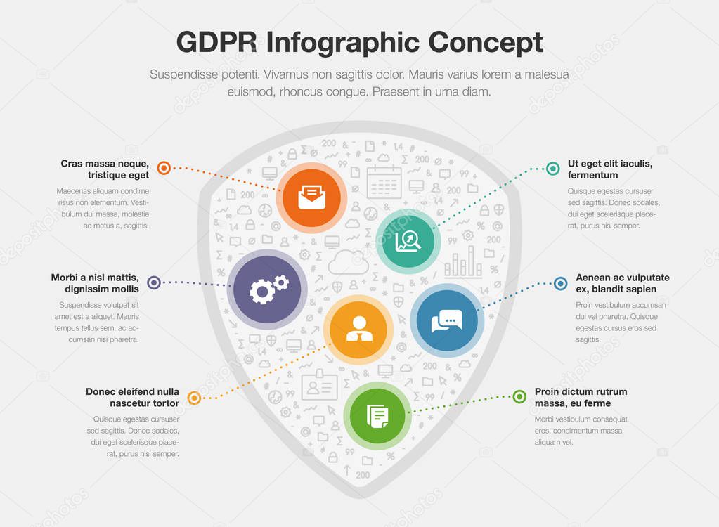 European GDPR infographic concept with shield symbol filled with small icons isolated on light background. Easy to use for your website or presentation.