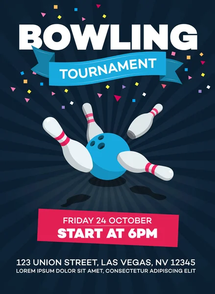 Şeffaf gölgeler ile karanlık arka plan üzerinde izole dağınık skittle ve bowling topu ile Vektör bowling turnuva posteri.