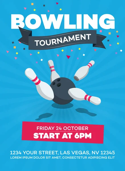 Şeffaf gölgeler ile mavi arka plan üzerinde izole dağınık skittle ve bowling topu ile Vektör bowling turnuva posteri.