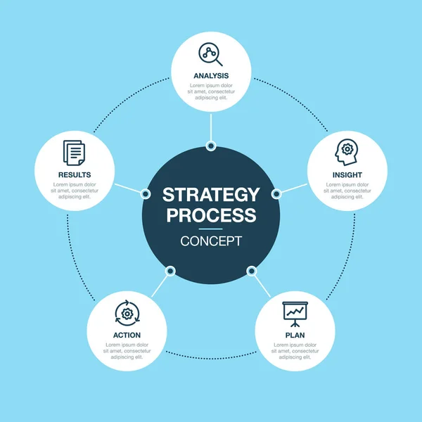 Infográfico Vetorial Simples Para Modelo Processo Estratégia Isolado Fundo Azul —  Vetores de Stock