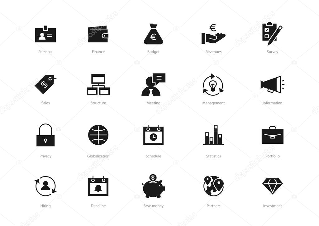 Set of black solid business icons isolated on light background. Contains such icons Statistics, Management, Deadline, Revenues, Portfolio and more.