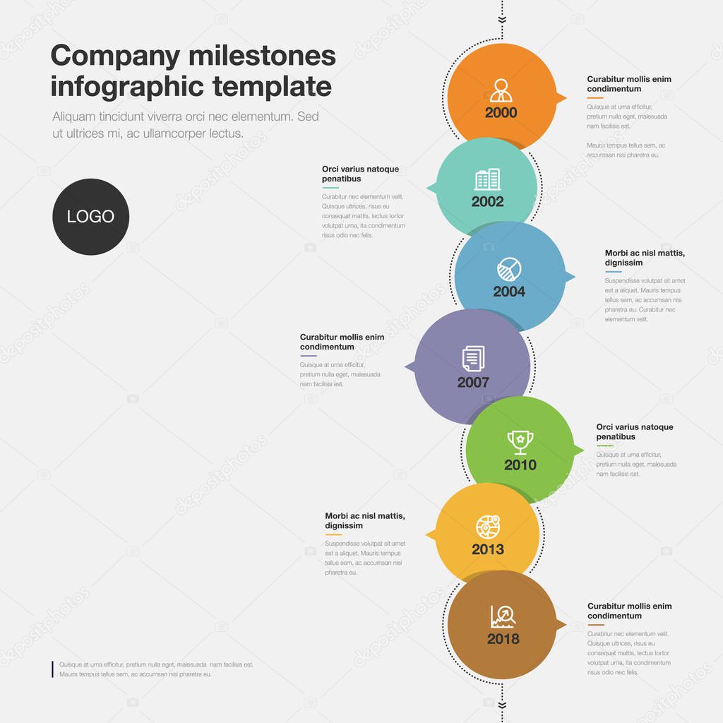 Vector infographic for company milestones timeline template with colorful bubbles isolated on light background. Easy to use for your website or presentation.