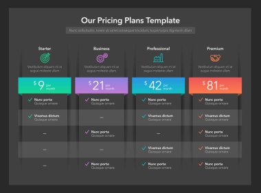 Modern pricing comparison table with various subscription plans - dark version. Flat infographic design template for website or presentation. clipart
