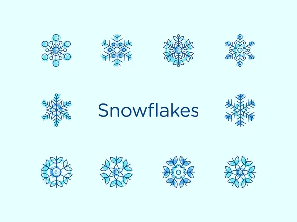 Set Nice Blue Snowflake Icons Isolated Light Background — Stock Vector