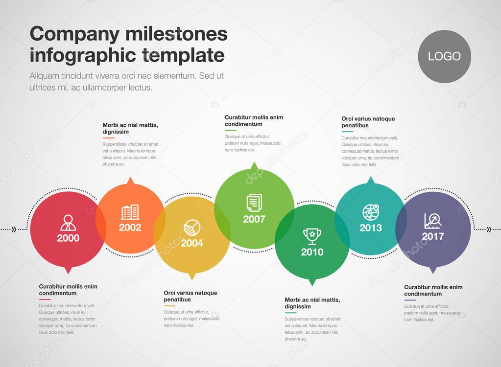 Vector infographic company milestones timeline template isolated on light background. Easy to use for your design.