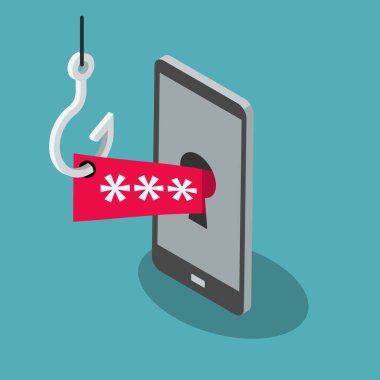 Cep telefonlu sahte vektör sembolü, kırmızı güvenlik şifresi ve mavi arka planda izole edilmiş olta iğnesi. Düz tasarım, web siteniz veya sunumunuz için kullanması kolay.