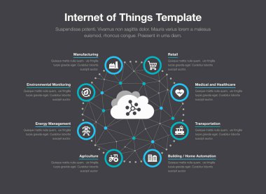 Simgeli şeylerin interneti için basit vektör bilgi şablonu ve içeriğiniz için yer - karanlık sürüm.